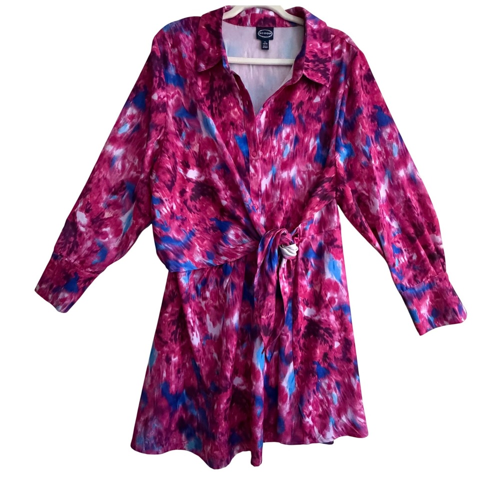 Scoop Women Pink Blue Abstract Tie Front Long Sleeve Shirt Mini Dress XL 16-18